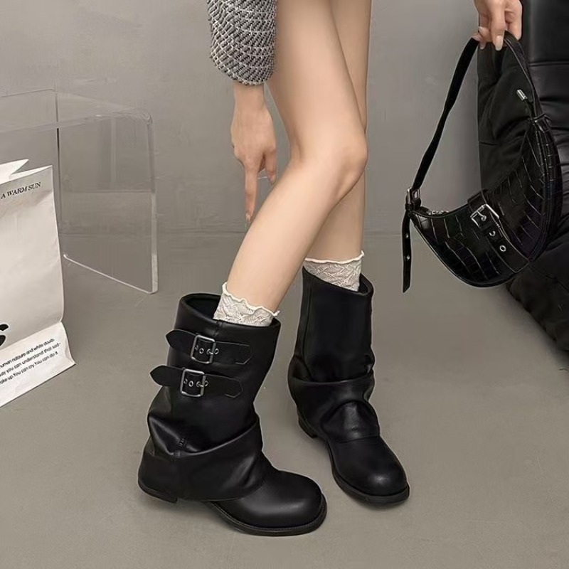 Embroidery Garments - Women Black Slouchy Mid Calf Boots