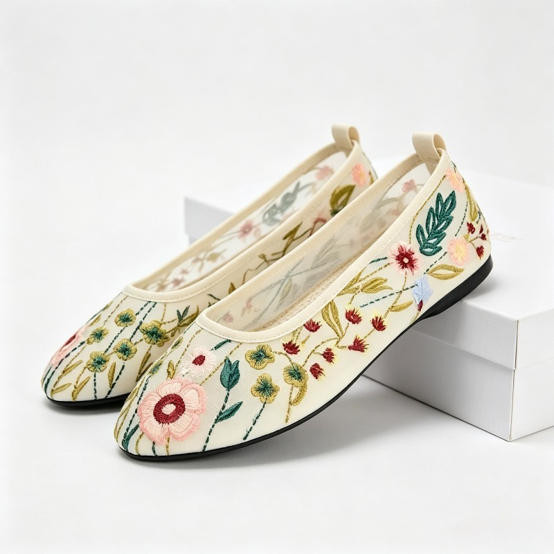 Embroidery Meaning - Round Toe Mesh Ballet Flats Shoes