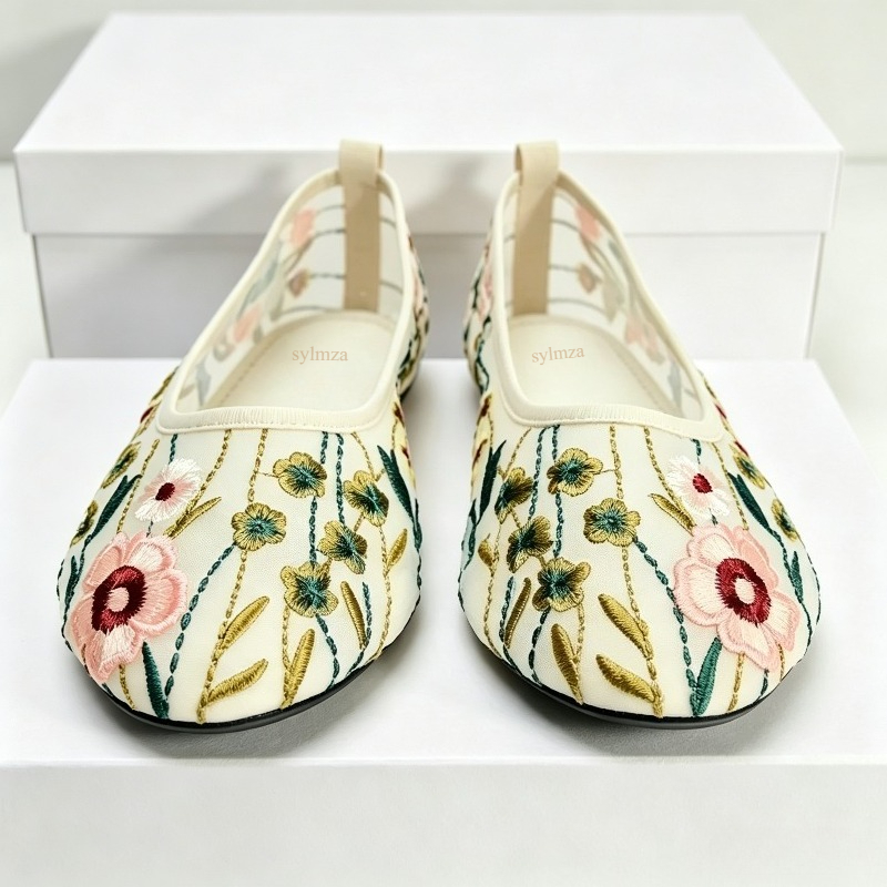 Round Toe Mesh Ballet Flats Sh - Embroidery Meaning review and price